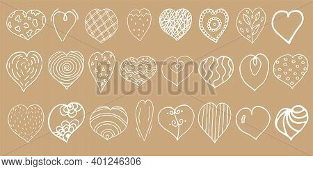 Set Of Simple White Doodle Hearts On Craft Background. Vector Hand Drawn Elements For Designe.
