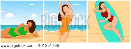 Beautiful And Sexy Young Women Lying Down, Sunbathing, Tanning And Relaxing In Swimsuit On The Beach