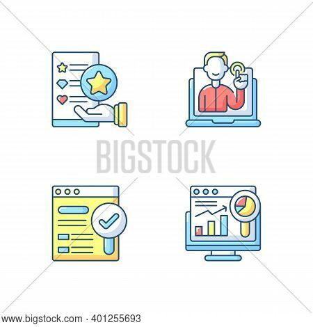 Web Analytics And Management Rgb Color Icons Set. Usability Evaluation. Interactive And Responsive W