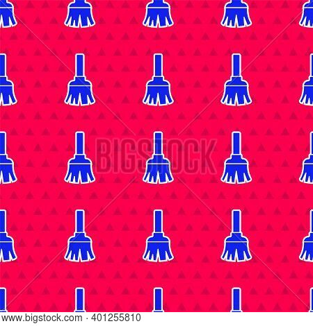 Blue Feather Broom For Cleaning Icon Isolated Seamless Pattern On Red Background. Feather Duster. Ve