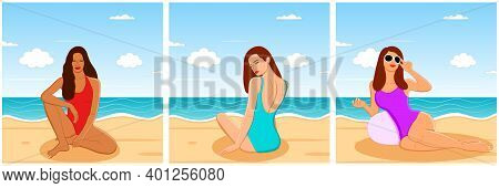 Set Of Sexy Young Women In Swimsuit Sitting, Lying Down And Chilling On The Beach. Colorful Cartoon 
