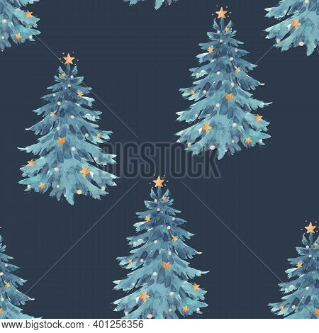 Beautiful Vector Seamless Pattern With Watercolor Christmas Fir Tree. Stock Illustration.
