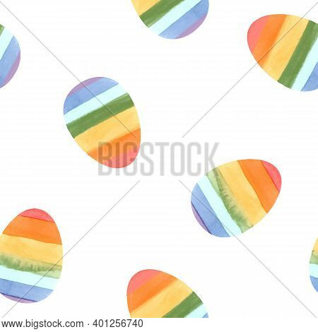 Beautiful Vector Seamless Pattern With Watercolor Colorful Easter Eggs, Stock Illustration.
