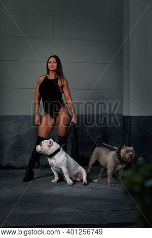 Sexy And Srong Brunette Woman Posing With Two Bully Dogs On City Street, Looking At Camera.