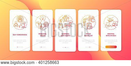 Fighting Procrastination Methods Onboarding Mobile App Page Screen With Concepts. Self-forgiveness, 