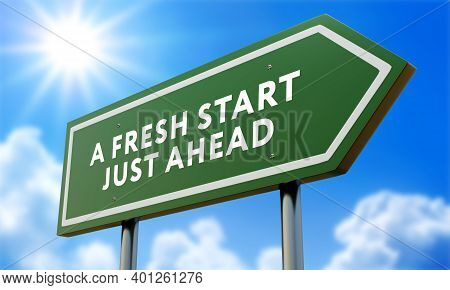 A Fresh Start Green Road Sign Against Clouds And Sunburst.3d Illustration
