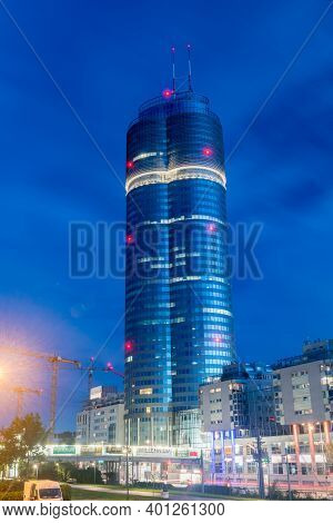 Vienna, Austria - August 30, 2020: Millennium Tower Office Building At Night. Second Tallest Buildin
