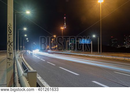 Vienna, Austria - August 30, 2020: Busy Traffic On Brigittenauer Bridge At Night.