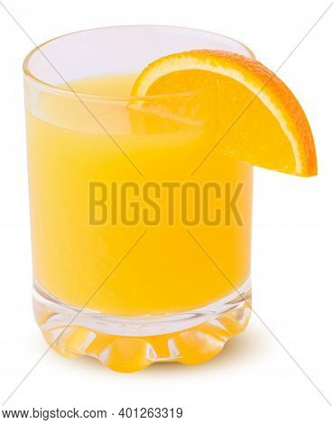 Isolated Drink. The Glass Of Orange Juice With A Slice Of Orange Fruit Isolated On White Background 