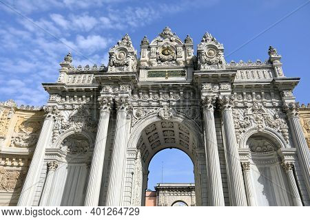 Istanbul, Turkey - October 06, 2020. Dolmabahce Palace Of 19th Century. Exterior Facade Of The Gate 