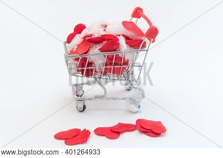 A Supermarket Cart Filled With Hearts Mixed With Snow. Idea - Shopping On Valentines Day, Original G