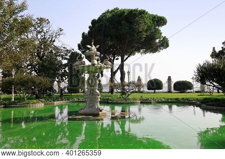 Istanbul, Turkey - October 06, 2020. Dolmabahce Palace On The Bosphorus. View Of The Selamlik Garden