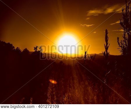 Beautiful Sunset With A Yellow Sky And A Mountain Full Of Nature In Collado Mediano, Comunidad De Ma