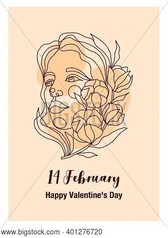 A Poster With A Portrait Of A Woman For All Lovers On February 14. Line Art Portrait With Cotton Bra