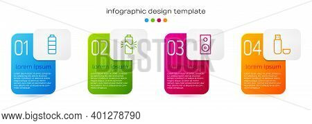 Set Line Battery Charge Level Indicator, Broken Battery, Stereo Speaker And Usb Flash Drive. Busines