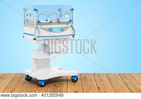 Neonatal Incubator On The Wooden Planks, 3d Rendering