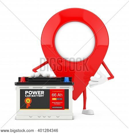 Map Pointer Pin Character Mascot And Rechargeable Car Battery 12v Accumulator With Abstract Label On