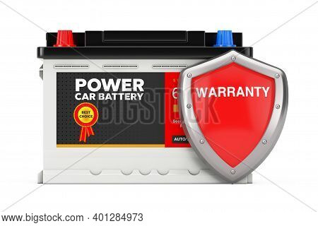 Rechargeable Car Battery 12v Accumulator And Abstract Label With Red Metal Protection Warranty Shiel