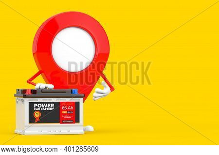 Map Pointer Pin Character Mascot And Rechargeable Car Battery 12v Accumulator With Abstract Label On