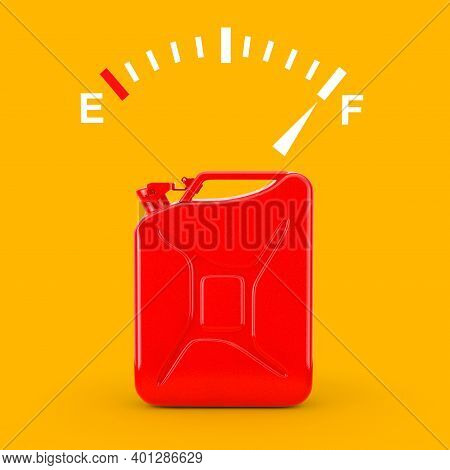 Fuel Dashboard Gauge Sign Showing A Full Tank Near Of Red Metal Jerrican On A Yellow Background. 3d 