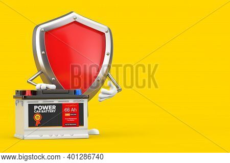 Red Metal Protection Shield Character Mascot And Rechargeable Car Battery 12v Accumulator With Abstr