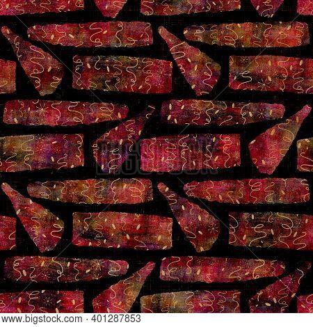 Seamless Dark Geometric Block Print Background. Boho Ethnic Soft Furnishing Fabric Style. Tie Dye Pa