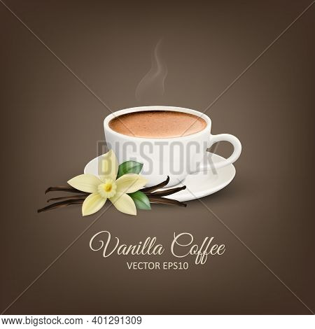 Vector 3d Realistic White Porcelain Ceramic Mug, Hot Milk Coffee, Foam, Smoke And Vanilla Flower. Ca