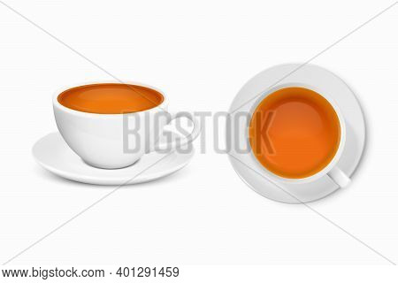 Vector 3d Realistic White Porcelain Ceramic Mug With Saucer. Black, Red Or Green Tea Set Isolated On