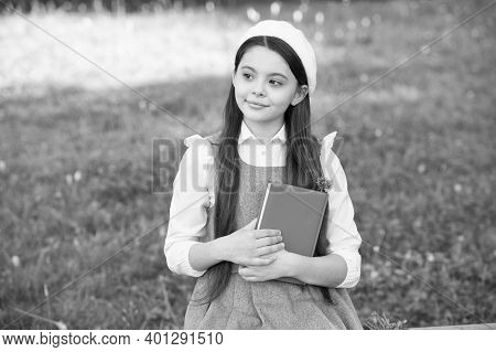 Be Mindful. Thoughtful Child Think Sitting On Bench Outdoors. Little Girl Back To School. Learning A