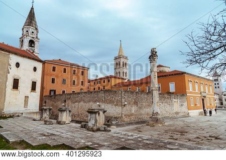 Pillar Of Shame And Saint Elias Church In The Center Of Zadar Town, Croatia.
