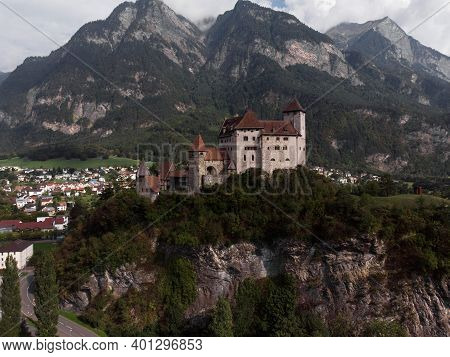 Panoramic View Of Burg Gutenberg Medieval Castle On A Hill In Balzers Liechtenstein Alps Mountains
