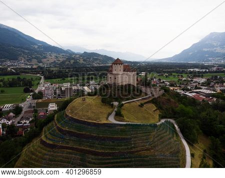 Panoramic View Of Burg Gutenberg Medieval Castle On A Hill In Balzers Liechtenstein Alps Mountains