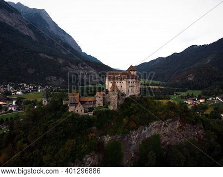 Panoramic View Of Burg Gutenberg Medieval Castle On A Hill In Balzers Liechtenstein Alps Mountains