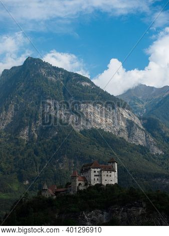 Panoramic View Of Burg Gutenberg Medieval Castle On A Hill In Balzers Liechtenstein Alps Mountains