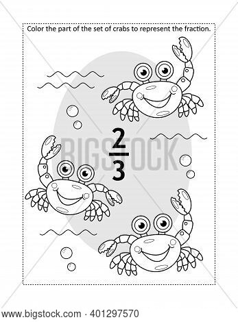 Math Educational Coloring Page With A Fraction And A Set Of Crabs: Color The Part Of The Set To Repr