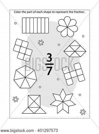 Math Educational Coloring Page With A Fraction And Various Shapes: Color The Part Of Each Shape To R