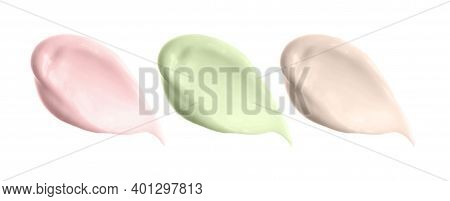 Different Cream Smears Swatches Smudges Isolated. Cosmetic Sunscreen, Bb Cc Cream Samples Collection