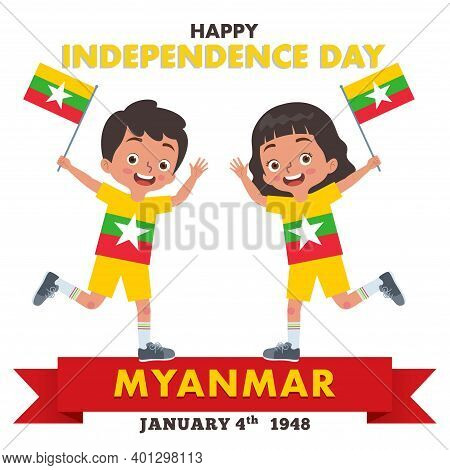 A Pair Of Boy And Girl Are Celebrating Myanmar Independence Day While Holding The Flag Of Myanmar An