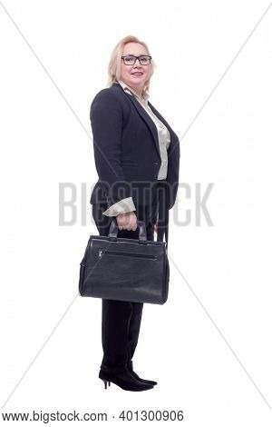 Full lenth portrait of pretty female with briefcase in isolation