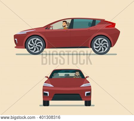 Modern Electric Cuv Car Two Angle Set. Car With Driver Man Side View And Front View. Vector Flat Sty