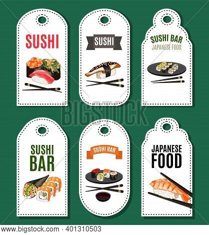 Sushi Bar Logos Set. Japanese Food Tags With Sushi And Rolls Food. Asian Cuisine Labels, Reastaurant