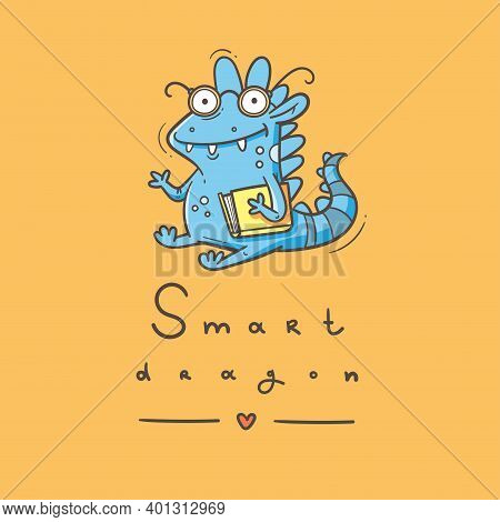 Card With  Cute Cartoon Smart Dragon. Funny Crocodile Print. Reading Reptile Poster. Vector Doodle L