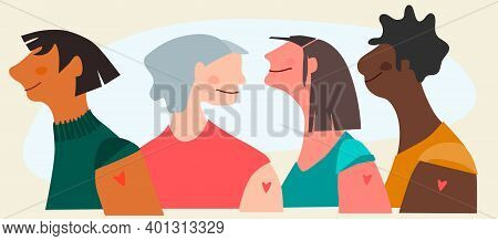 Vaccination Time Concept. Happy People Of Different, Gender And Skin Color After Vaccine Injection I