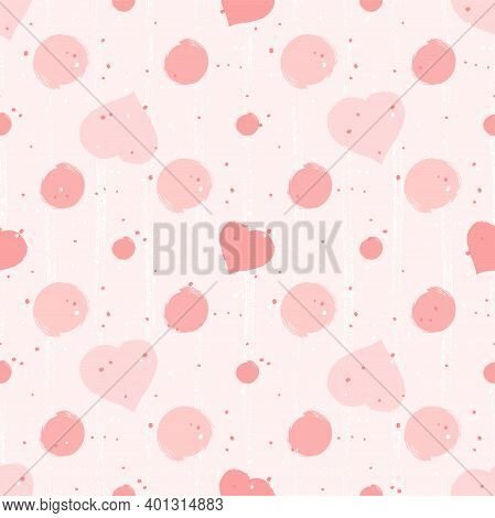 Vector Seamless Pattern With Watercolor Hearts And Grunge Elements On A Pink Background. For Valenti