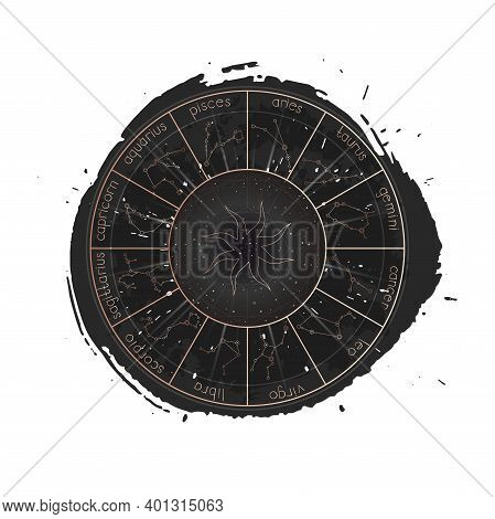 Vector Illustration Of Zodiac Constellations, Horoscope Circle And Sign Sun On A Grunge Ink Backgrou