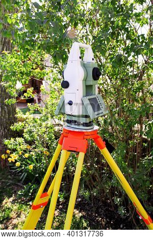 Total Station. Survey Instrument Geodetic Device, Total Station Set In The Field.