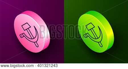 Isometric Line Hammer And Sickle Ussr Icon Isolated On Purple And Green Background. Symbol Soviet Un