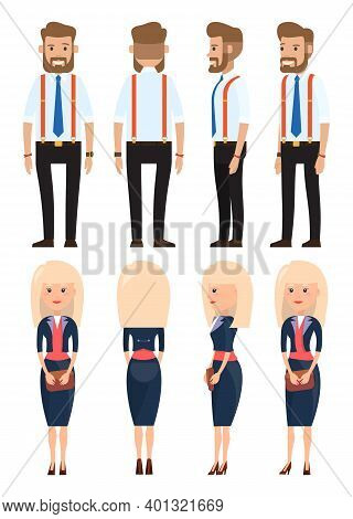 Stylish Businesspeople Wearing Office Suits, Accessories. Elegance Jacket And Dress. Office Worker D