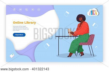 Online Library, Website, Landing Page Concept, Electronic Books, E-books, Read Literature, Black Wom