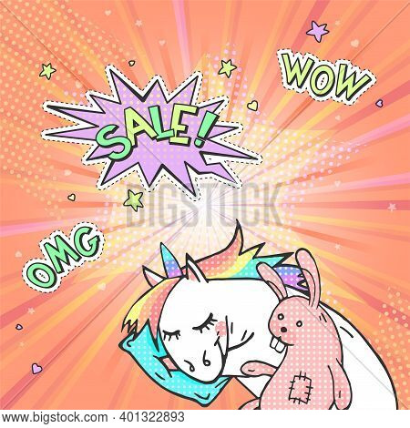 Advertising Pop Art Poster With Hand Drawn Magic Unicorn In Retro Comic Style. Speech Bubble With Te
